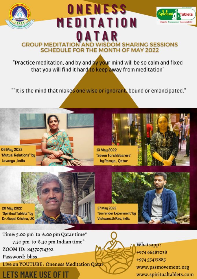Oneness Meditation Qatar -Group Meditation and Wisdom sharing sessions for the month of May 2022