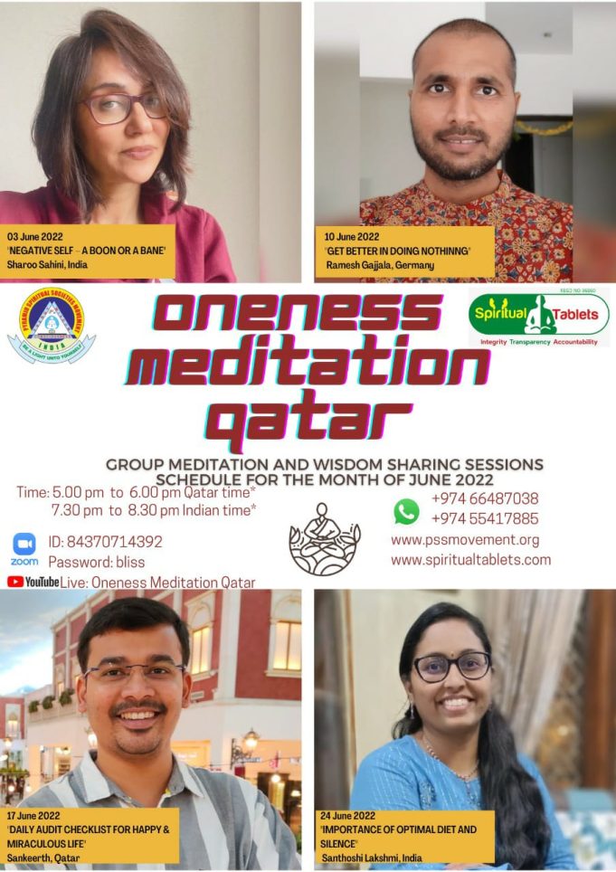 Oneness Meditation Qatar – Group Meditation and Wisdom sharing sessions schedule for the month of June 2022.💐